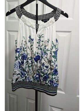 White House Black Market Floral Halter Blouse Blue Green Sleeveless Top Size S